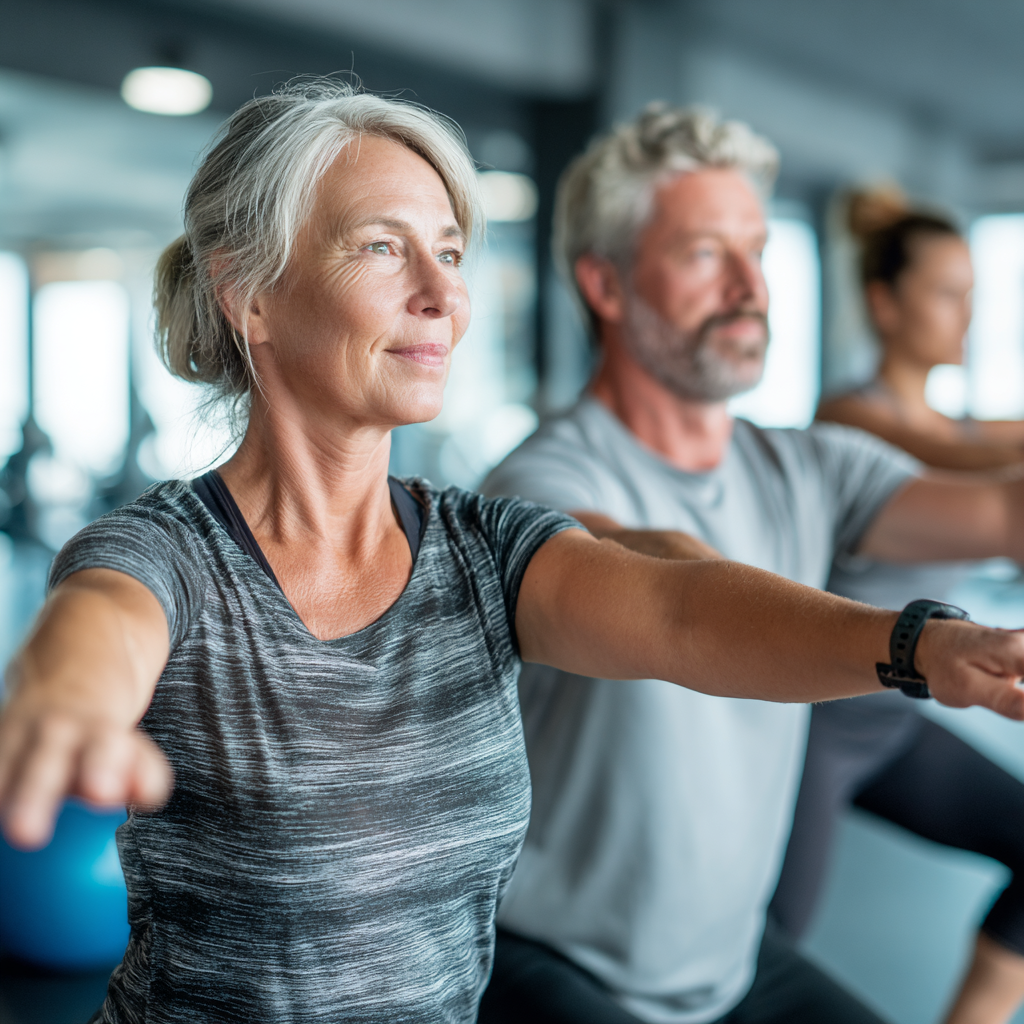 Experienced fitness instructor demonstrating proper exercise form to mature adults